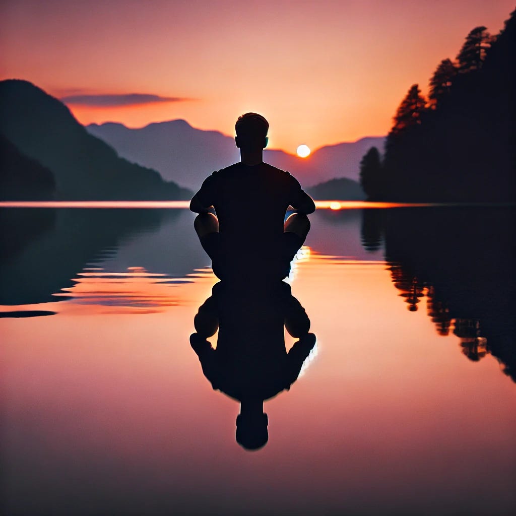 A silhouette of a person sitting peacefully by a calm lake at sunset, their reflection clearly mirrored in the smooth, tranquil water. The colors of the sky are warm with hues of orange, pink, and purple, capturing a moment of deep introspection and inner peace. The surrounding scenery is serene and natural, with soft lighting enhancing the peaceful atmosphere.
