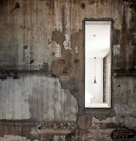 Neri&Hu — The Waterhouse at South Bund, Shanghai. Former 1930s Japanese army headquarters converted into a boutique hotel. Raw concrete, preserved industrial structure, and original markings held deliberately as identity rather than erased.