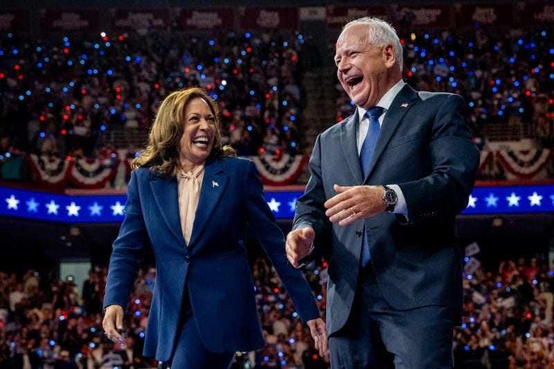U.S. Vice President Kamala Harris, the Democratic presidential candidate, and her vice presidential nominee, Minnesota Gov. Tim Walz, appear on stage together during a campaign event in Philadelphia on Aug. 6. U.S. Vice President Kamala Harris, the Democratic presidential candidate, and her vice presidential nominee, Minnesota Gov. Tim Walz, appear on stage together during a campaign event in Philadelphia on Aug. 6.
