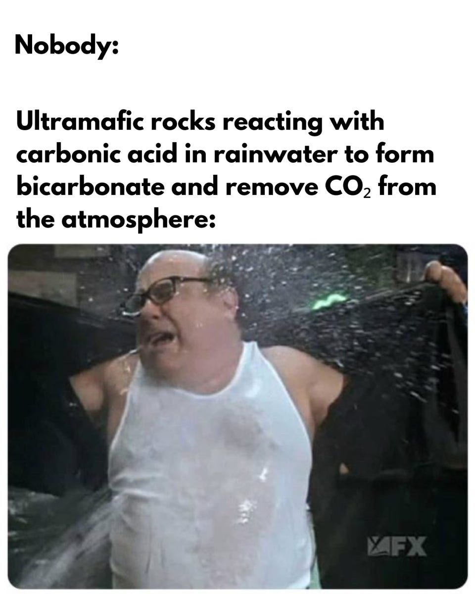 "Nobody: Ultramafic rocks reacting with carbonic acid in rainwater to form bicarbonate and remove CO2 from the atmosphere:" above Danny DeVito in a white tank top ecstatically soaking in the rain.