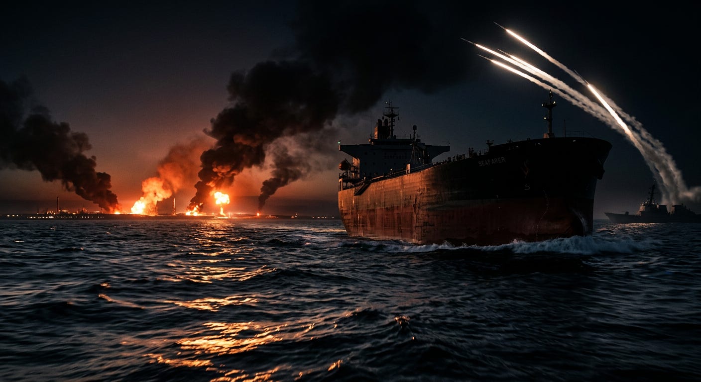 Supertanker in dark Strait of Hormuz with explosions on Iranian coast and missile trails Supertanker in dark Strait of Hormuz with explosions on Iranian coast and missile trails