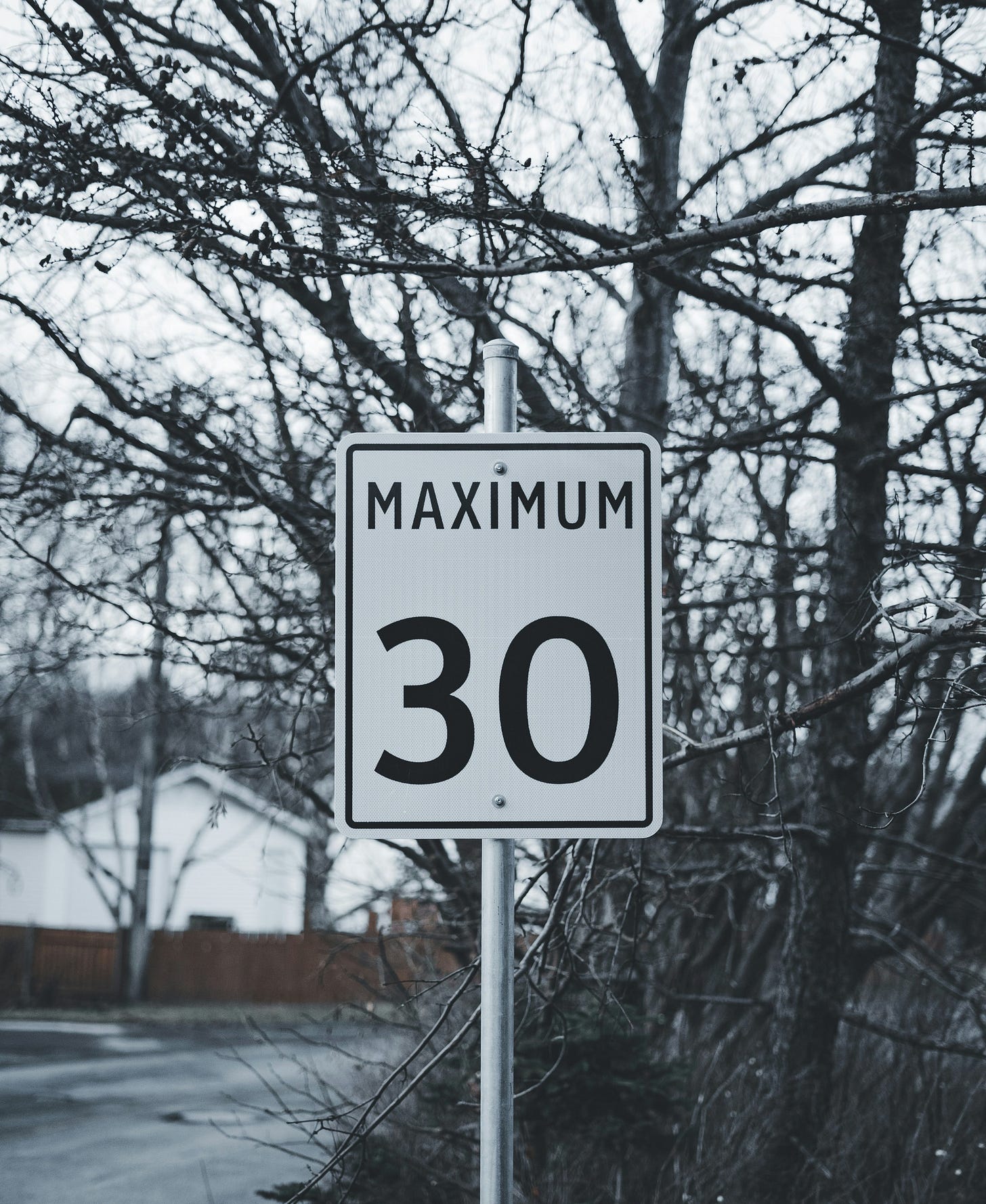 Photo of trees and a road behind a sign saying "Maximum 30" Photo of trees and a road behind a sign saying "Maximum 30"