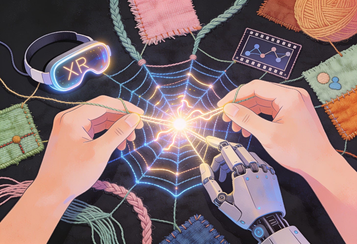 A pair of human hands and a subtly robotic hand collaboratively weaving a luminous, intricate network of glowing digital threads and physical yarns on a dark background. The threads form a complex, dreamlike tapestry that blends smooth digital light filaments with tactile, embroidered textures, patchwork fabric swatches, and hand-stitched details. At the center of the weave, a radiant node pulses with soft electric light, symbolising an AI agent. The composition uses twisted geometry and gentle optical illusions, with the threads forming recognisable shapes: an XR headset, a film frame, a social graph. Color palette: muted psychedelic tones — dusty rose, sage green, warm amber, and electric indigo — against a deep charcoal ground. Mood: contemplative, warm, quietly surreal.