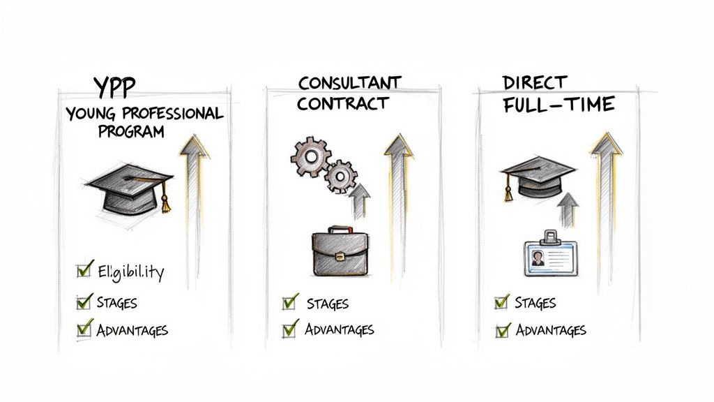 Three career paths: Young Professional Program, Consultant Contract, and Direct Full-Time, each detailing stages and advantages. Three career paths: Young Professional Program, Consultant Contract, and Direct Full-Time, each detailing stages and advantages.