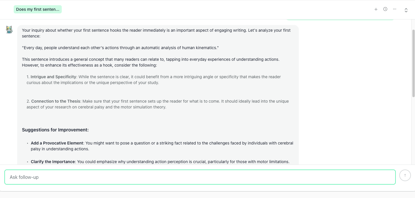 Chat with Theo feedback evaluating whether a draft’s first sentence works as an effective hook, with suggestions focused on specificity and alignment with the thesis.