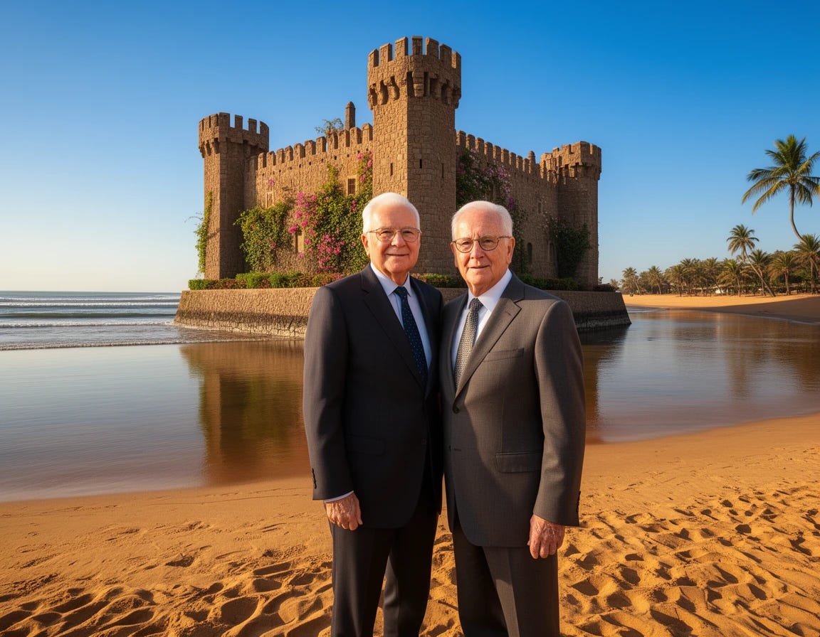 Two of the Koch Brothers of Koch industries old white men wearing glasses posing in front of their castle with a moat on African beach Two of the Koch Brothers of Koch industries old white men wearing glasses posing in front of their castle with a moat on African beach