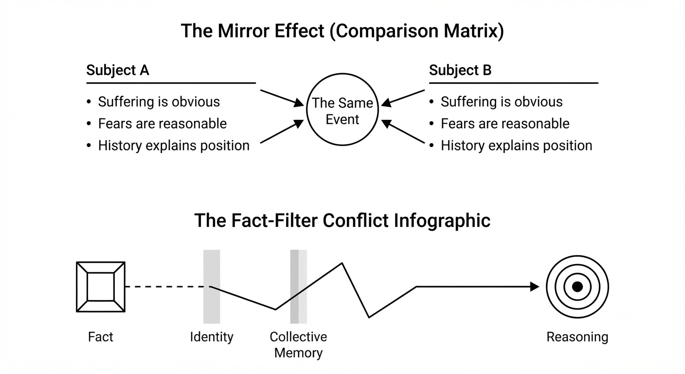 Comparison diagram illustrating the Mirror Effect, where two groups interpret the same event through different historical narratives, alongside a fact-filter model showing how identity and collective memory shape reasoning. Comparison diagram illustrating the Mirror Effect, where two groups interpret the same event through different historical narratives, alongside a fact-filter model showing how identity and collective memory shape reasoning.
