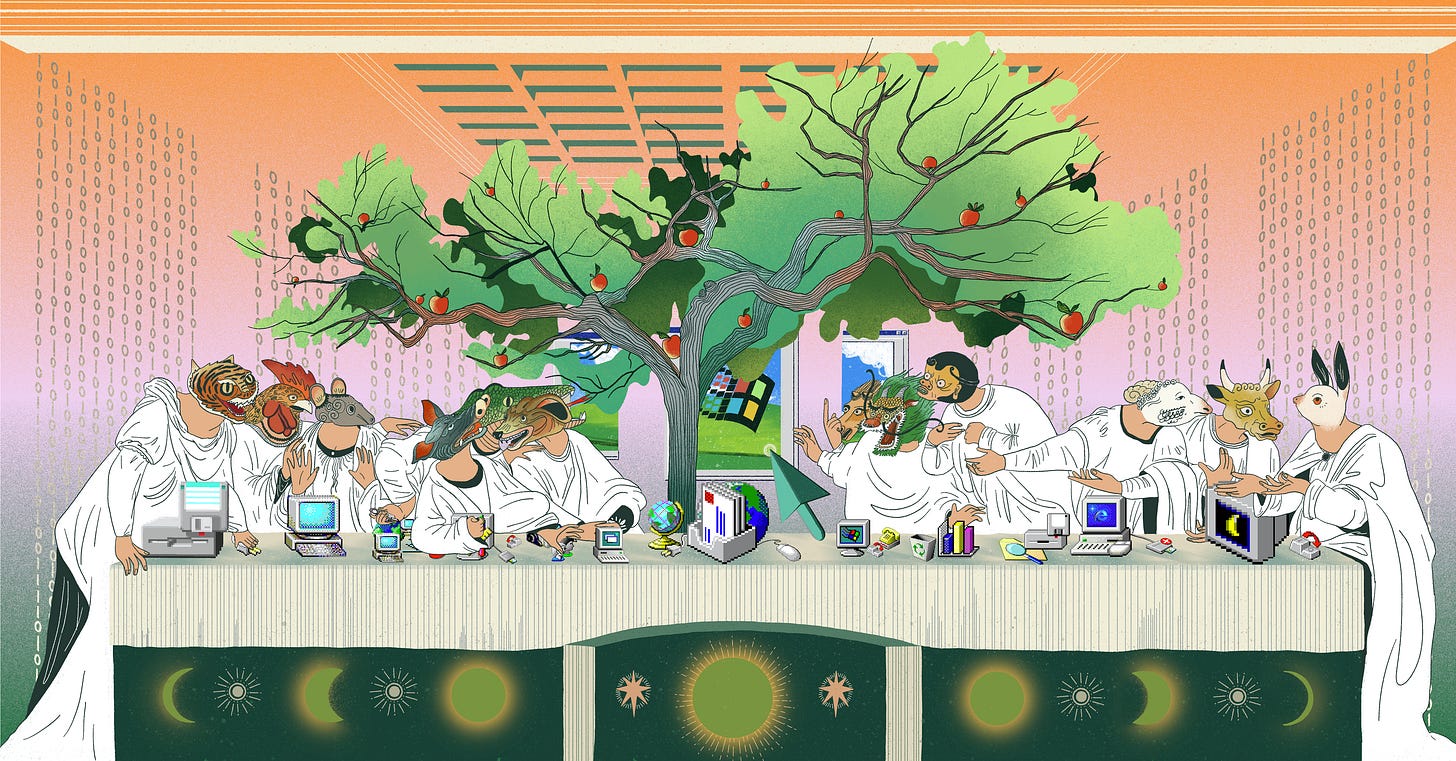 Twelve characters inspired by the twelve Chinese Zodiac animals are all gathered around a long square table. The characters each have a human like body, but their heads each represent different zodiac animals. On the table are various tools and machines related tp technology – like computers, hardrives, files, data charts, files and keyboards. The characters all seem to be engaging in conversation with one another. Behind the table is an apple tree, with red apples amongst the green leaves on the branches. The room's walls are gradient orange, pink, purple to green and there is a series of 01 lining the walls - representing binary code. At the back of the room there is a 'window' which is shaped like a traditiona; 'window' tab on a computer. Inside the window is the classic computer desktop depicting a green field and blue sky with clouds. In the centre of the window is an old style Microsoft logo. Twelve characters inspired by the twelve Chinese Zodiac animals are all gathered around a long square table. The characters each have a human like body, but their heads each represent different zodiac animals. On the table are various tools and machines related tp technology – like computers, hardrives, files, data charts, files and keyboards. The characters all seem to be engaging in conversation with one another. Behind the table is an apple tree, with red apples amongst the green leaves on the branches. The room's walls are gradient orange, pink, purple to green and there is a series of 01 lining the walls - representing binary code. At the back of the room there is a 'window' which is shaped like a traditiona; 'window' tab on a computer. Inside the window is the classic computer desktop depicting a green field and blue sky with clouds. In the centre of the window is an old style Microsoft logo.