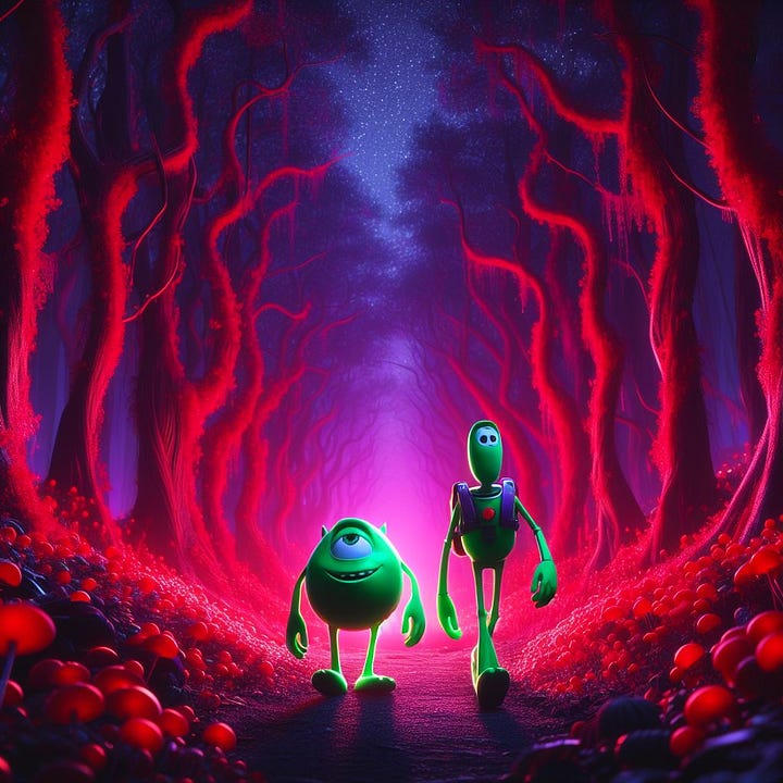 Create an image of two green men walking through enchanted forest at night in the style of pixar movies with red and purple color scheme