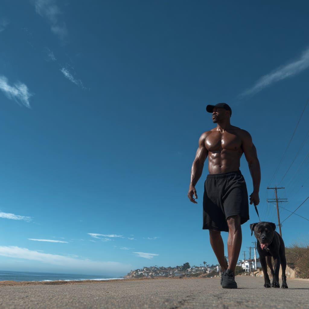 Fit muscular man walking his dog along the road by the beach.