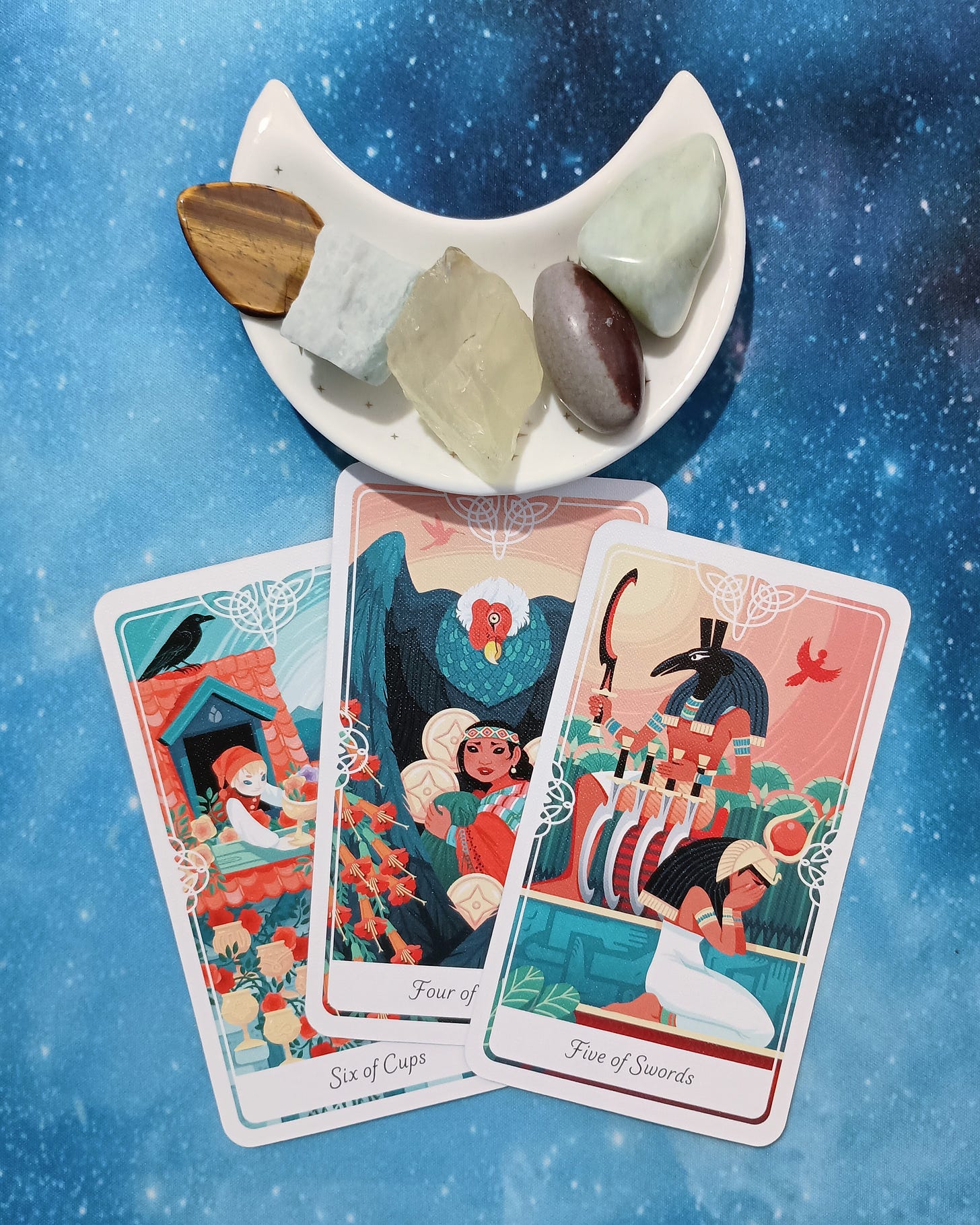 Making Room for Better Things: A Message From the Universe, 3 Tarot of the Divine cards and crystals on a starry blue background