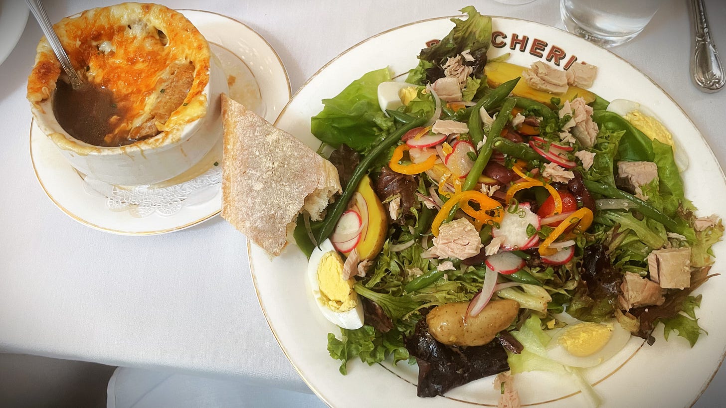French Onion Soup and Niçoise Salad at La Grande Boucherie in New York City