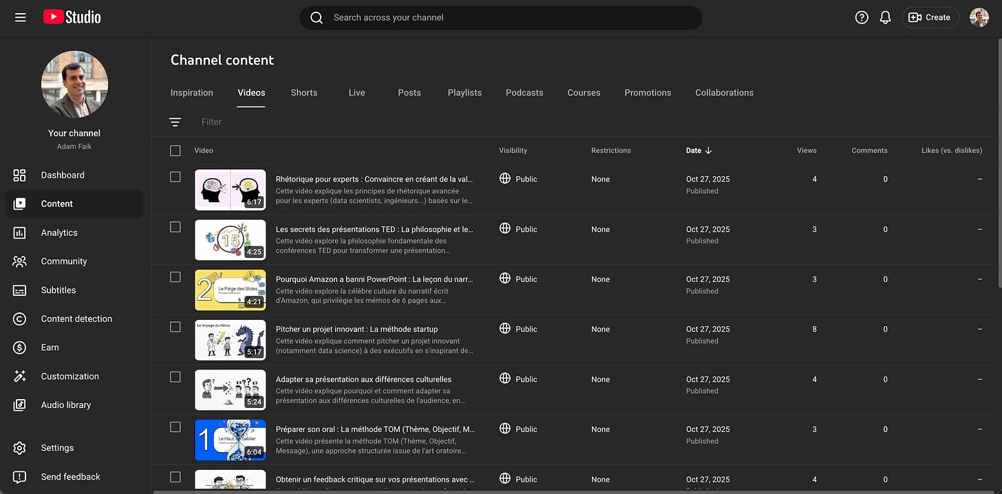 A screenshot of the actual YouTube Studio ‘Channel content’ page showing a list of videos, visibility status, dates, and view counts in dark mode.