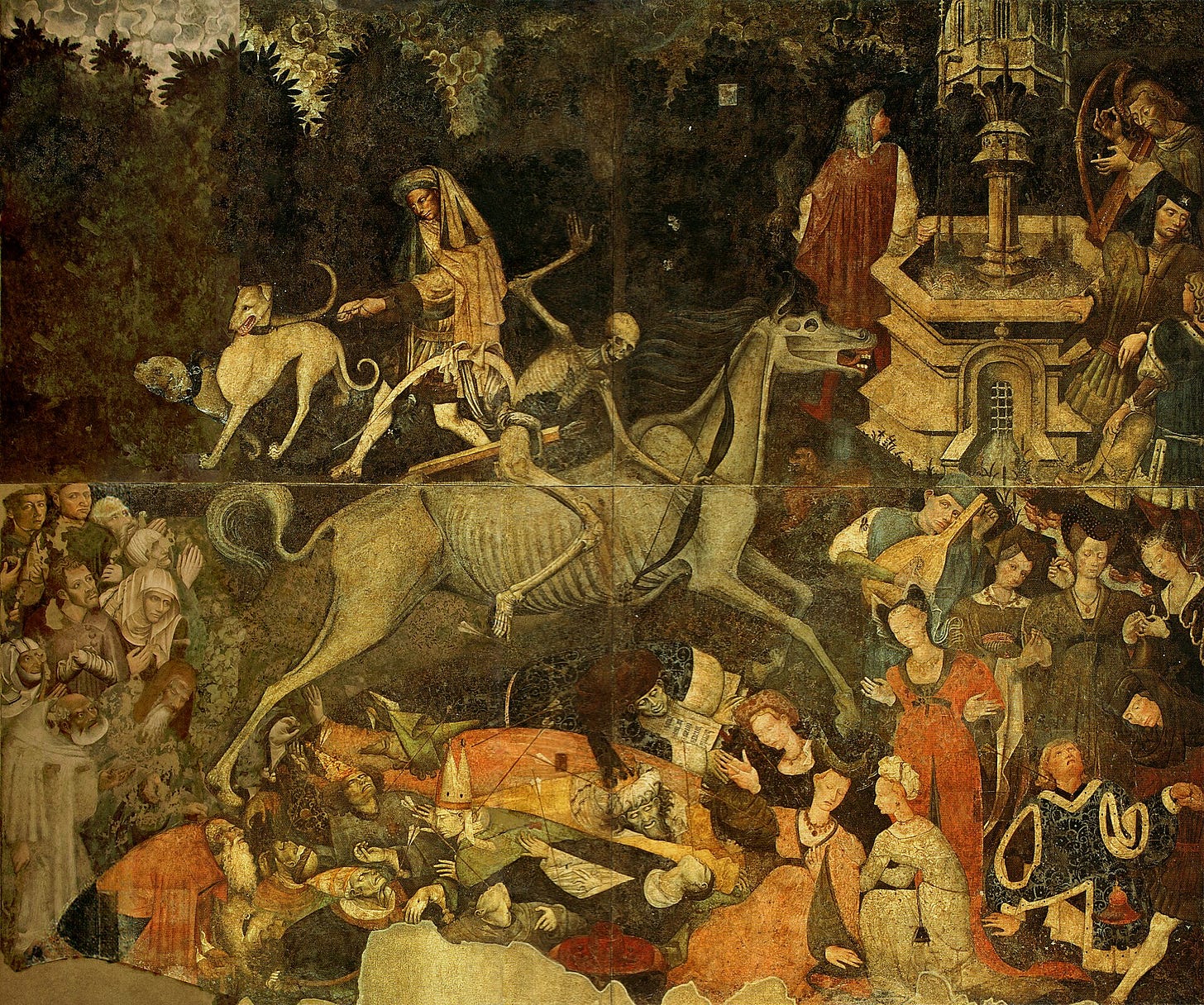 The Triumph of Death fresco in Palermo, a skeleton on a starving horse riding over a pope, a bishop and crowned rulers The Triumph of Death fresco in Palermo, a skeleton on a starving horse riding over a pope, a bishop and crowned rulers