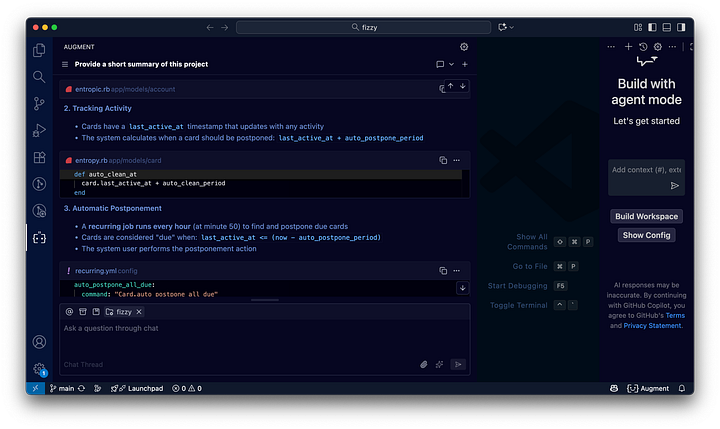 Screenshots of VS Code, showing the Augment Code chat giving detailed answers about the codebase