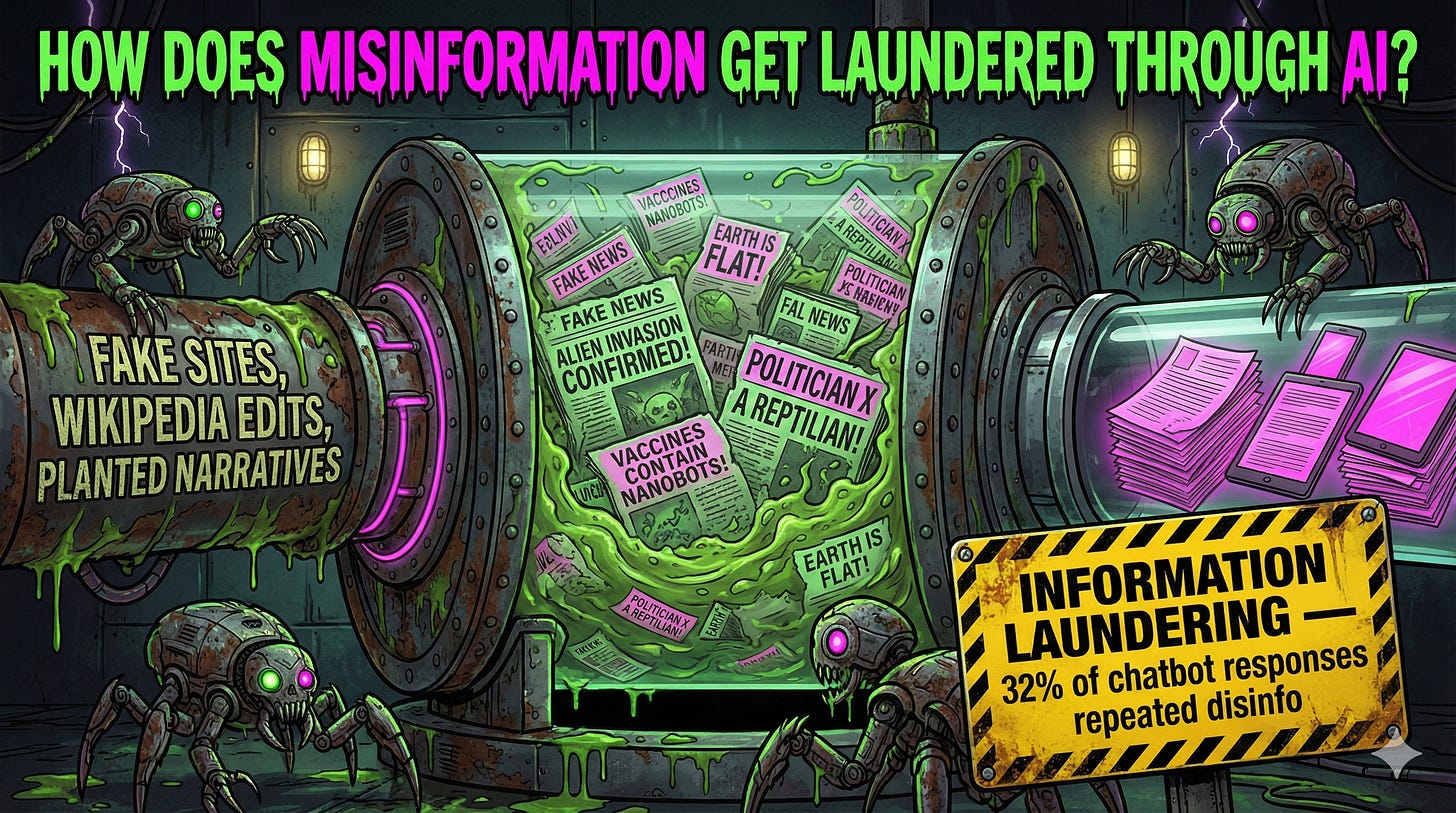 Information laundering through AI works by planting false narratives in crawlable sources, which AI models then repeat with confidence creating perceived consensus