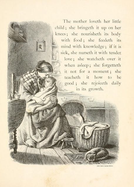 This may contain: an old book with a drawing of a man holding a baby in it's arms