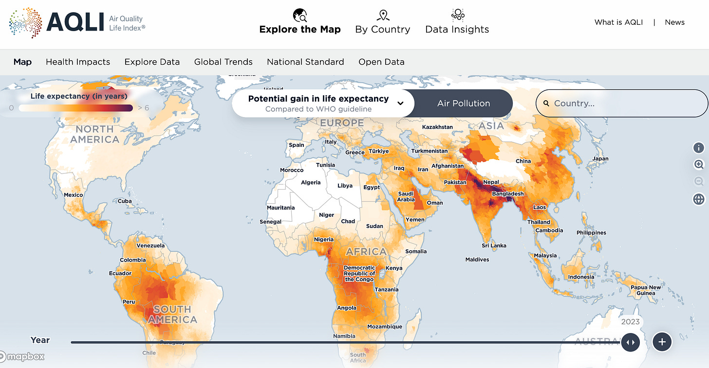 Screenshot of landing page for Air Quality Life Index