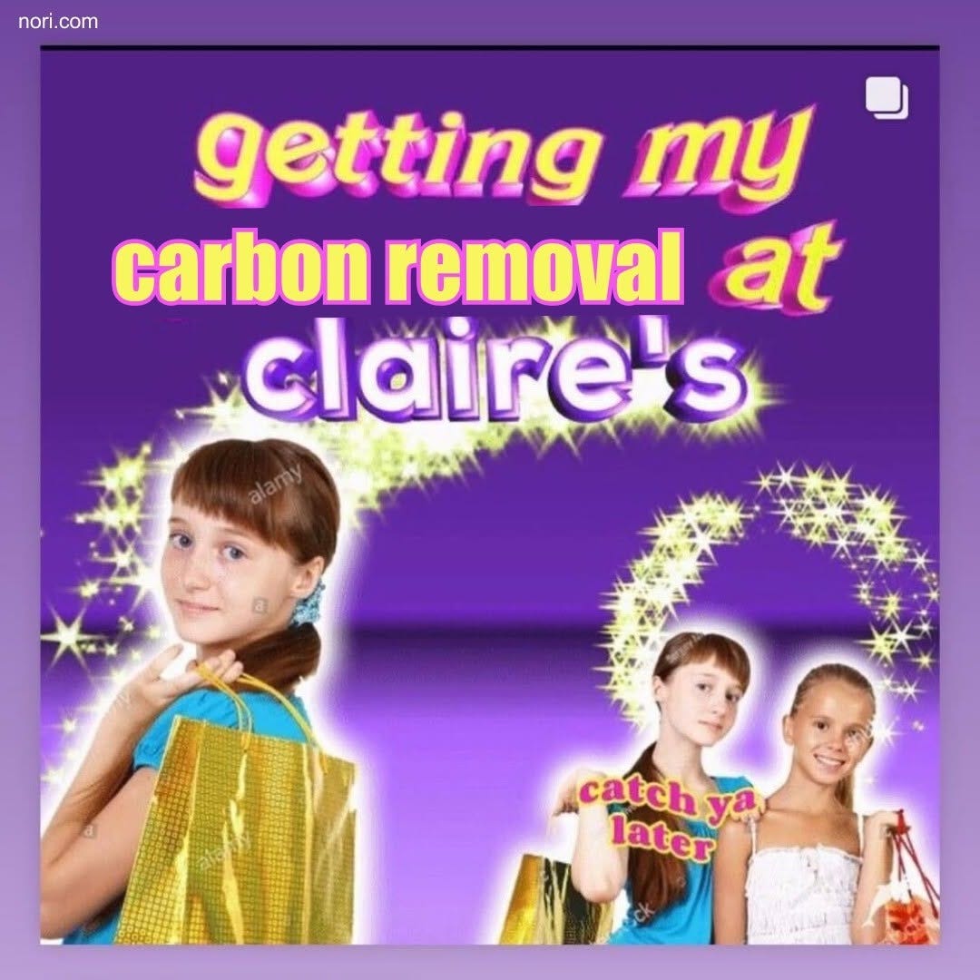 Glittery purple Claire's advertisement with girls holding shopping bags and the words "getting my carbon removal at claire's" and "catch ya later".
