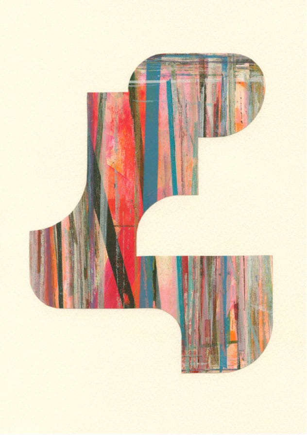 Small abstract collage made from striped hand-painted paper in coral, blue, green, pink, and black on an off-white cotton-paper ground.