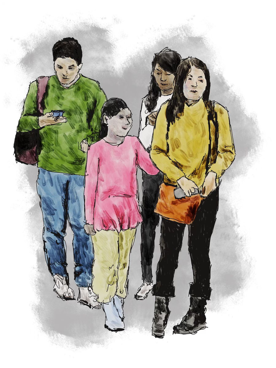 Mainly engaged with their phones, a group of people stand and wait as they slowly approach the front of the line. Sketch art by Don Rice.