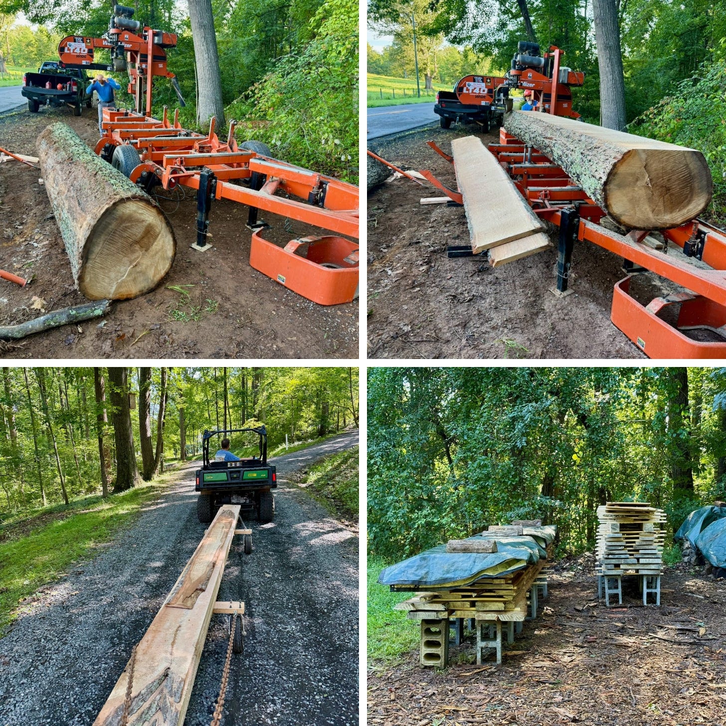 Four images that show the process of milling lumber from logs: loading onto a mobile mill; slicing boards; hauling boards to their "resting place," and stacking them with stickers so they can air dry. Four images that show the process of milling lumber from logs: loading onto a mobile mill; slicing boards; hauling boards to their "resting place," and stacking them with stickers so they can air dry.