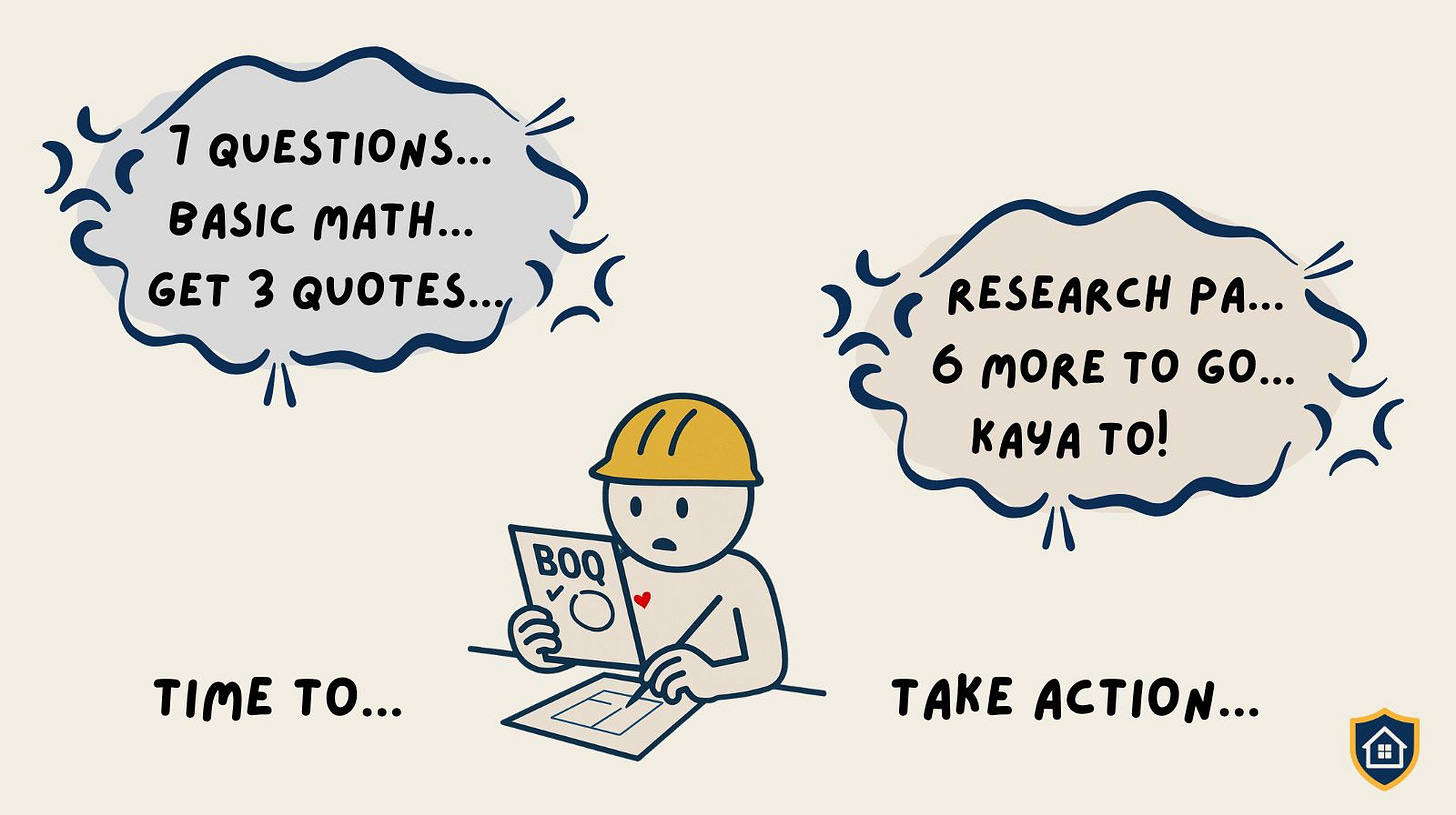 Illustration of homeowner starting construction preparation, showing initial tasks like the 7-question assessment, basic math, and getting quotes. Illustration of homeowner starting construction preparation, showing initial tasks like the 7-question assessment, basic math, and getting quotes.