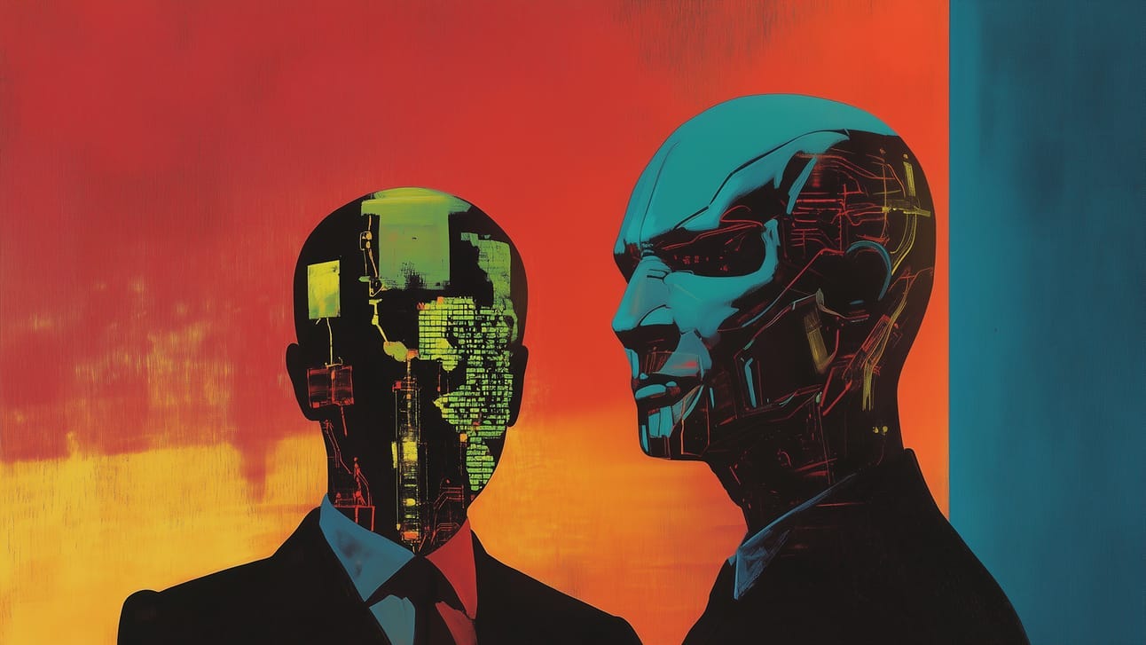 Stylized digital artwork of two humanoid figures with robotic and circuit-like faces, set against a vivid red and blue background.