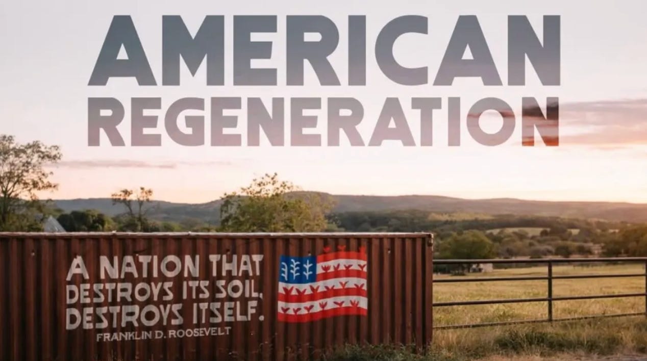 Rustic metal sign reading "American Regeneration" with FDR quote "A nation that destroys its soil destroys itself."