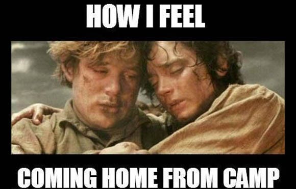 Image of two tired, dirty hobbits holding one another with text that reads, "How I feel coming home from camp."