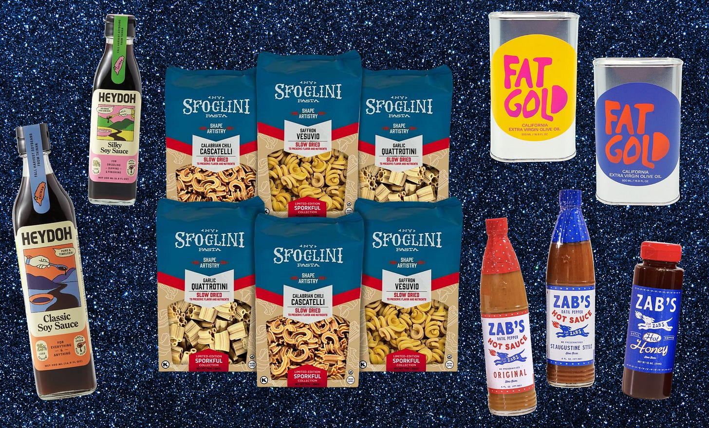 heydoh soy sauce, sfoglini pasta, zab's hot sauce, fat gold olive oil. Collage on glittery blue background.