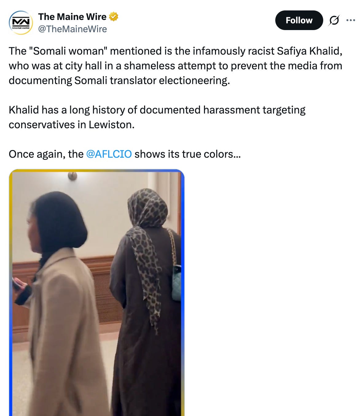 Preview of uploaded imageA screenshot of a Maine Wire X post of a video in which Jon Fetherston harasses Somali-American activist Safiya Khalid at a polling station in Lewiston, Maine.