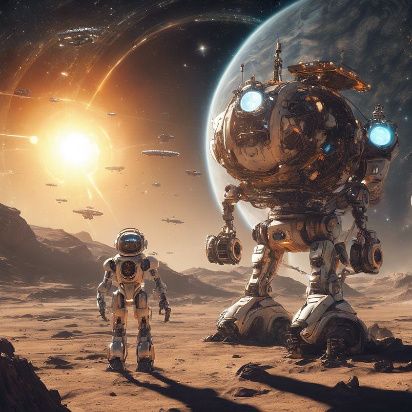 two robots standing on the moon next to earth
