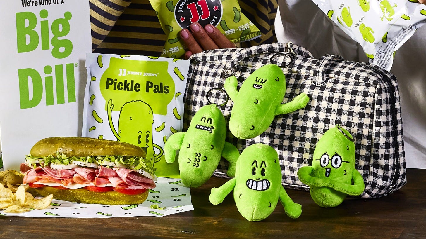 Jimmy John's Pickle Pals plush keychains with a Picklewich meal. Image: Jimmy John's