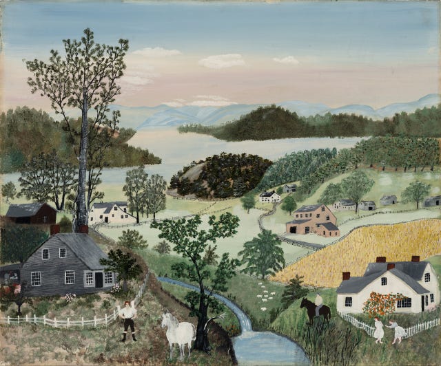 Grandma Moses, A Beautiful World - oil paint peaceful pastoral valley scene dotted with farms, people, horses, trees, river, mountains and blue lightly cloudy skies.