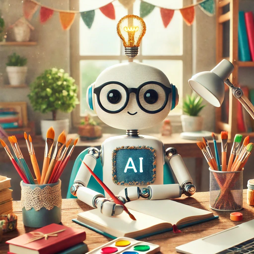A whimsical illustration of a personified AI represented as a quirky, friendly robot sitting at a desk covered in creative tools like a notebook, paintbrushes, a laptop, and books. The robot is wearing glasses and has a light bulb over its head to symbolize ideas. The scene is cozy and inviting, with a background showing a bookshelf and a window letting in sunlight, evoking a collaborative and imaginative atmosphere.