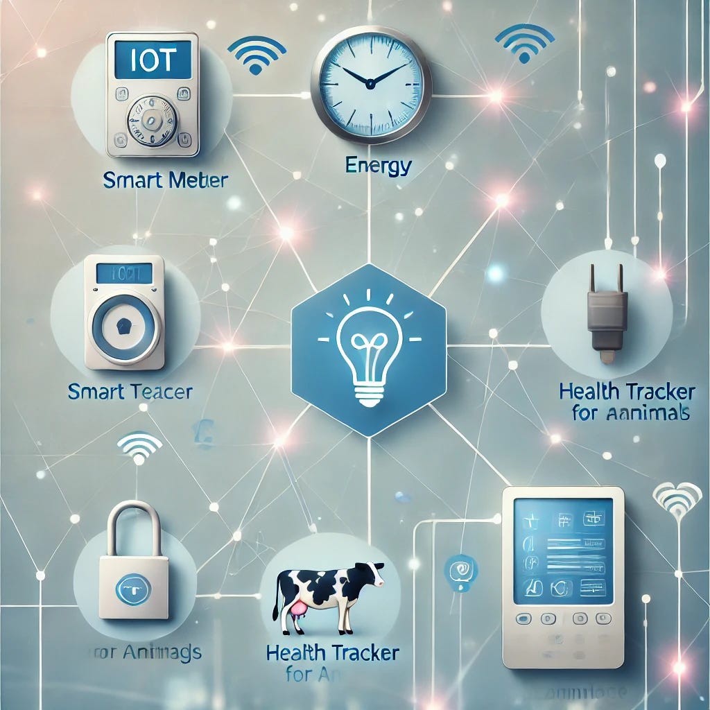A subtle and professional image depicting the concept of IoT (Internet of Things) in diverse industries like healthcare, energy, and livestock management. The illustration shows interconnected smart devices with abstract glowing lines symbolizing communication, including a smart meter, a health tracker for animals, and a digital payment sound box. The background is soft and modern with hues of blue and white, representing technology and innovation.