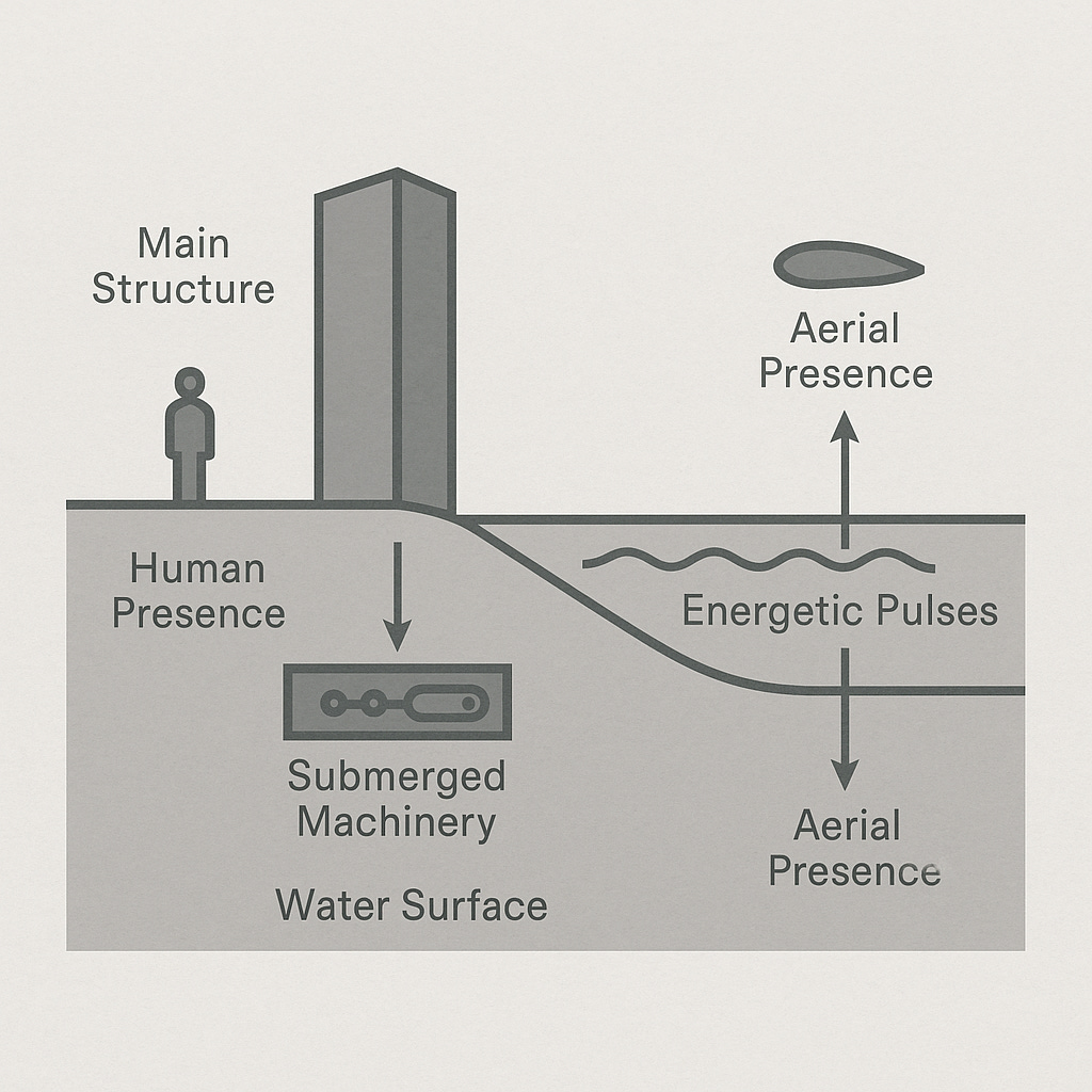 A grayscale schematic diagram showing the relations of elements. A tall main structure stands on land, with a small human figure nearby. Below the water surface is submerged machinery emitting energetic pulses. Above the water floats a small aerial presence connected by arrows to the pulses. Arrows indicate relations between the structure, water, machinery, and aerial presence.