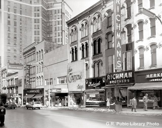 Downtown Grand Rapids streets and storefronts around 1960.