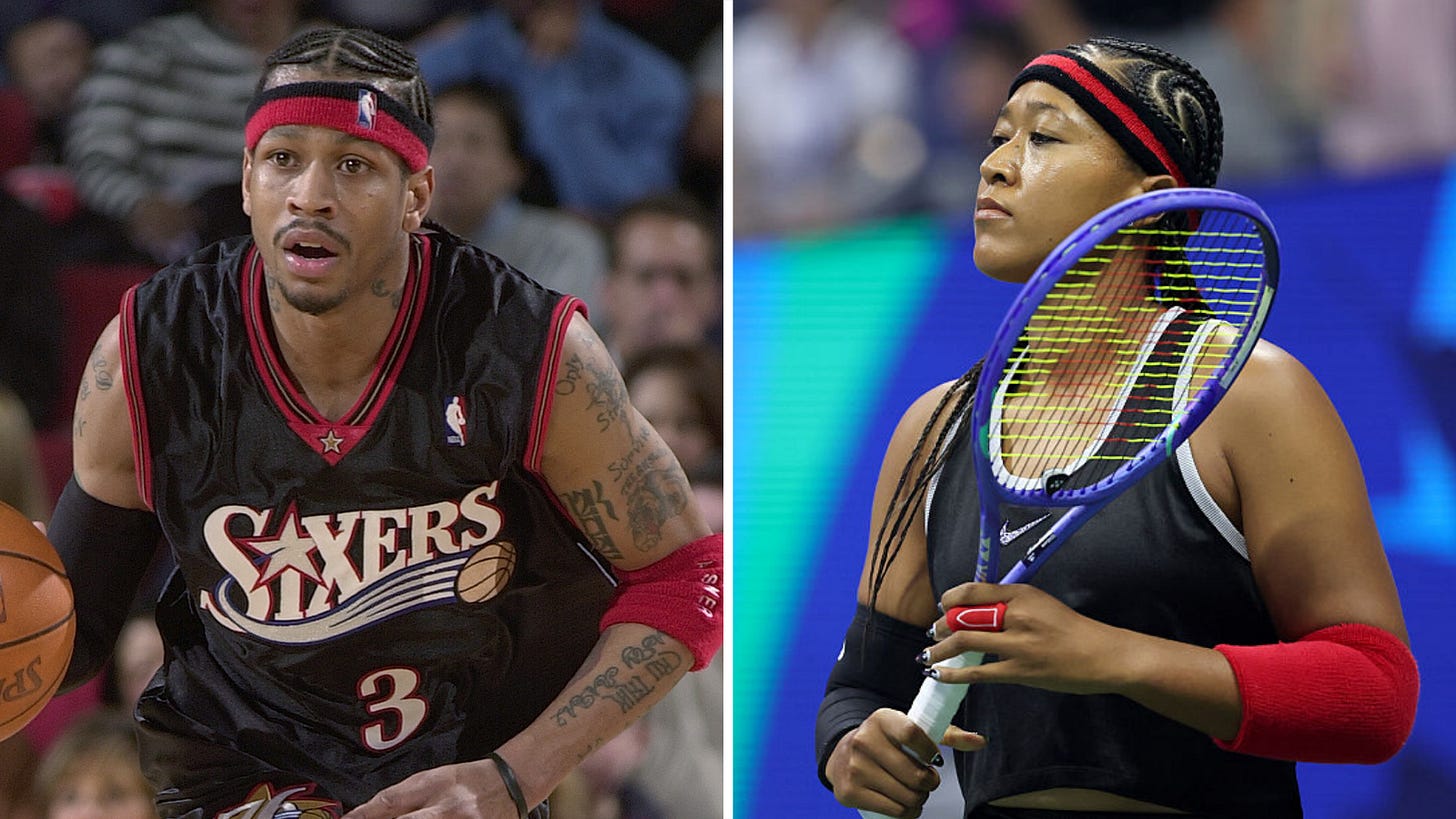 Naomi Osaka wears a red-and-black headband and elbow sleeves similar to those worn by Allen Iverson Naomi Osaka wears a red-and-black headband and elbow sleeves similar to those worn by Allen Iverson