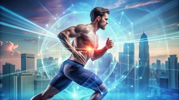 Hologram athlete and running for wellness exercise for healthy lifestyle  and track heart rate Male futuristic and runner with digital sports double  exposure for marathon | Premium AI-generated image