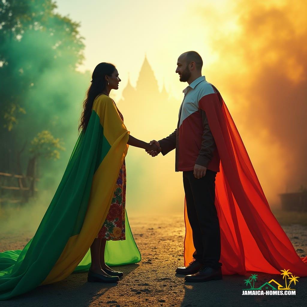 A realistic, high-resolution cinematic film still, shot on v-raptor XL, featuring two people, one representing Russia and one Jamaica, shaking hands in the foreground, wearing culturally inspired modern clothing. The background blends Russian and Jamaican flag colors in flowing, painterly streams; within the Russian colors are subtle hints of Saint Basil’s Cathedral, Kremlin spires, and winter forests; within the Jamaican colors are subtle elements of tropical beaches, Blue Mountains, and sugarcane fields. Warm natural lighting emphasizes optimism and collaboration, with atmospheric, epic, stunning, dramatic lighting. The scene symbolizes unity, shared history, and connection, blending culture, color, and environment naturally. Includes film grain, vignette, color graded, post-processed, cinematic lighting, 35mm film, live-action, best quality, a masterpiece.