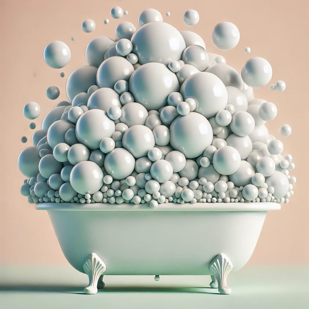 A simple, stylized digital illustration of a bubble bath overflowing with bubbles. The bubbles are rising and multiplying, forming interconnected spheres that expand outward, symbolizing exponential growth. The bathtub is classic white, partially submerged in a soft pastel bathroom setting. The focus is on the playful and organic nature of the bubbling effect, evoking a sense of limitless expansion.