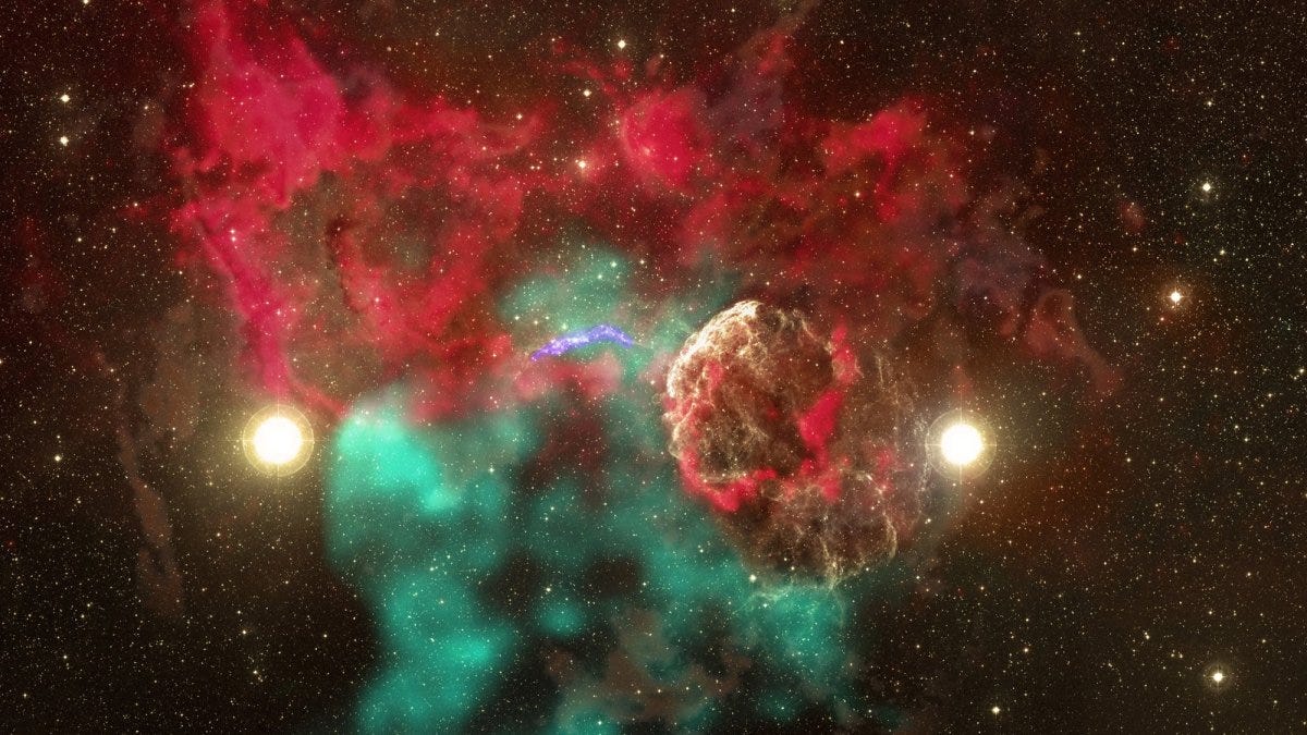 Colorful nebula with red and blue gas clouds, two bright stars—once separated stars now reunited after distant supernovae—and a rocky object, set against a star-filled background in space. Colorful nebula with red and blue gas clouds, two bright stars—once separated stars now reunited after distant supernovae—and a rocky object, set against a star-filled background in space.