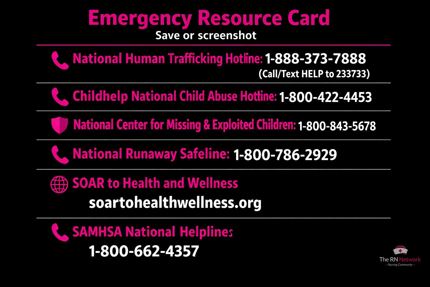 Emergency resource card for nurses and trafficking survivors with hotline numbers and support links Emergency resource card for nurses and trafficking survivors with hotline numbers and support links