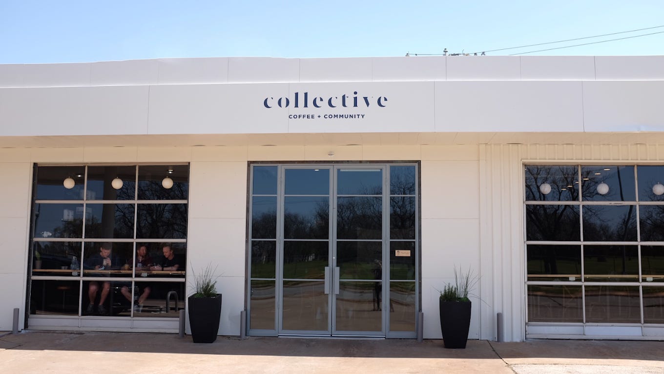 White facade with large windows, Collective Coffee, Wichita Falls, TX