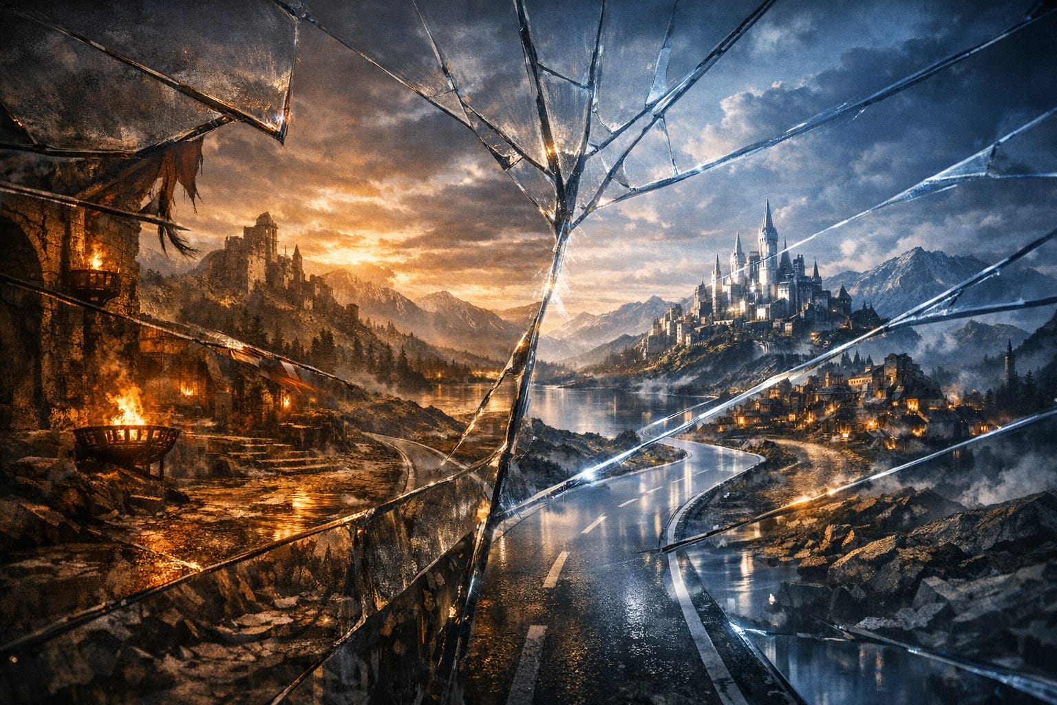 A panoramic fantasy landscape viewed through shattered glass, with a warm sunset-lit world on the left and a cold moonlit world on the right — the fracture between two rendering realities