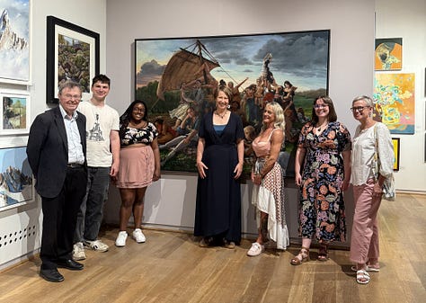 Pictures of Gail's work. Portrait of Cato Pedder, The models with The Raft Of The Medusa, Gail and Katie Hessel at her book launch, with Markus Bell in front of Amit Ghose's portrait, with Dungscape in progress, with the weaver I sketched in Marakech