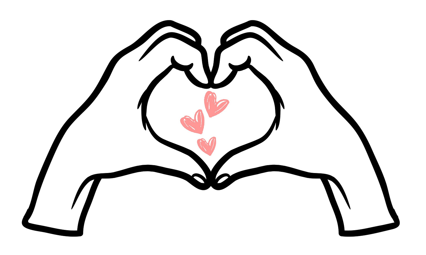 Two hands forming a heart with floating hearts behind them.