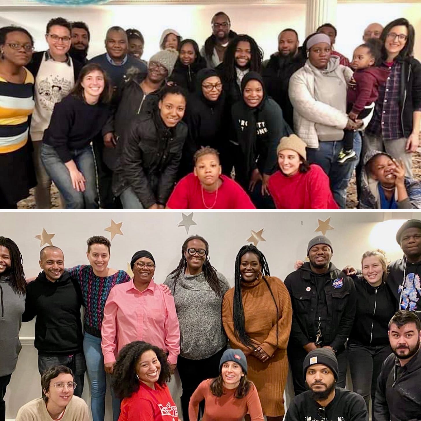 Two photos, on top of each other, of large groups of people standing with their arms around each other, smiling. There are numerous people with light skin and dark skin, cheesing at the camera.